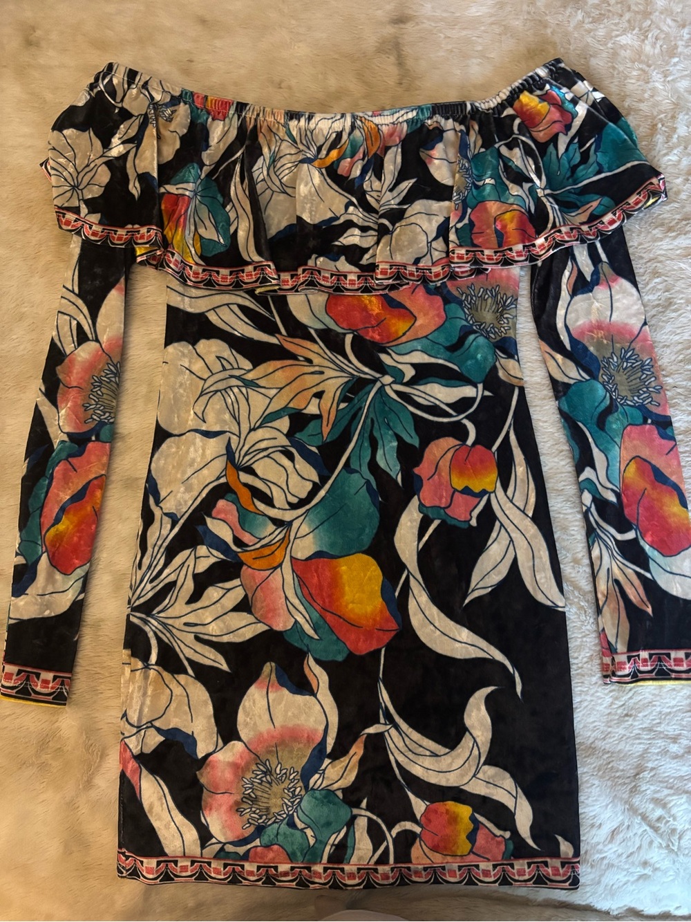 Flying Tomato Black One-Shoulder Floral Mini Dress with Teal & Coral Accents